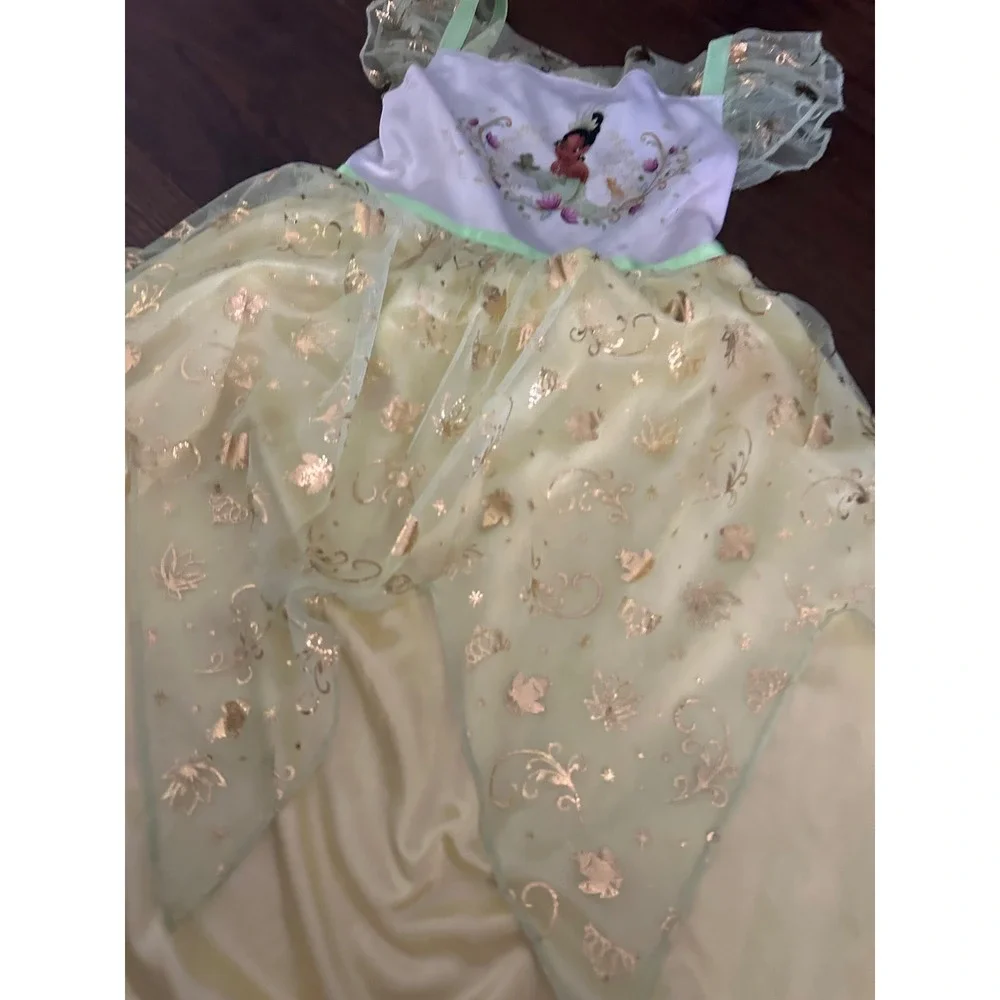 Disney Princess Tiana Costume Dress Green Yellow Gold Foil Girls Kids Dress Up - Picture 2 of 4